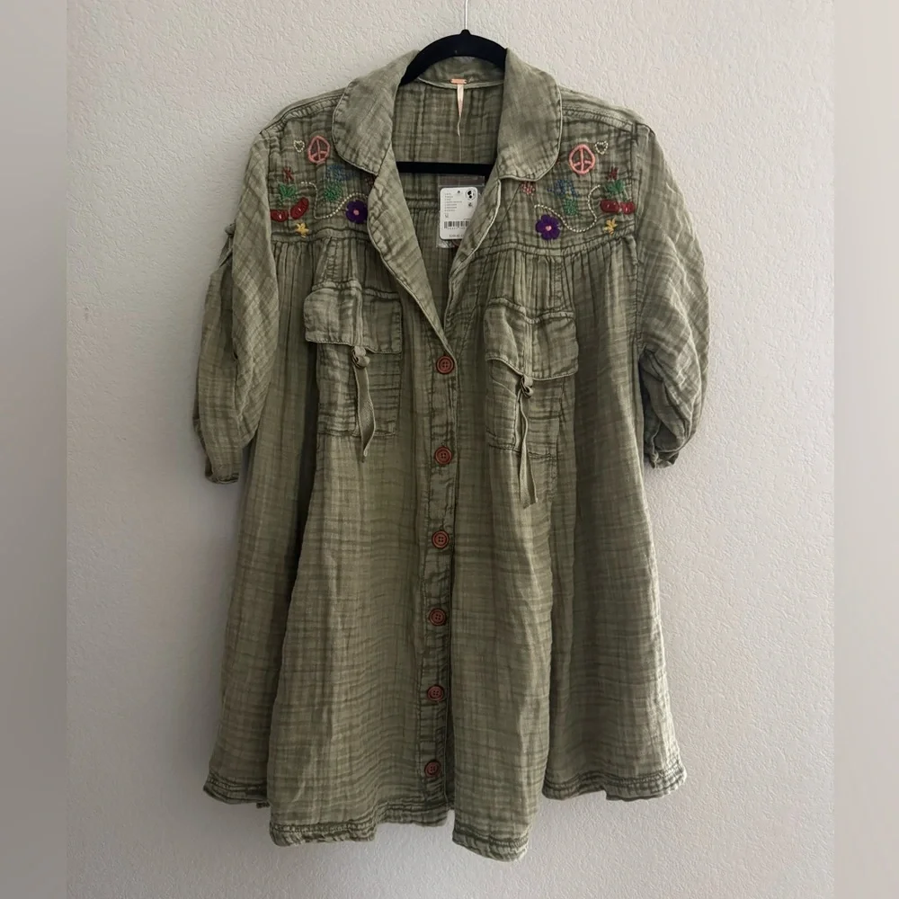 NWT FREE PEOPLE Tracking Trails Shirt Dress M Olive Branch - Picture 5 of 9